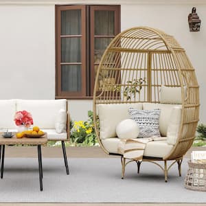 Yellow Wicker Pation Outdoor Swivel Egg Chair with Beige Cushion
