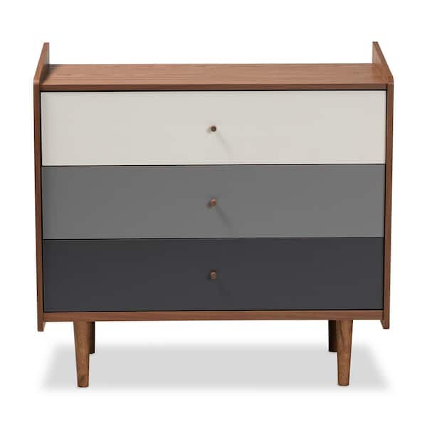 Baxton Studio Halden 3-Drawer Walnut Brown and Grey Chest of Drawers 34.6 in. H x 35.4 in. W 17.3 in. D