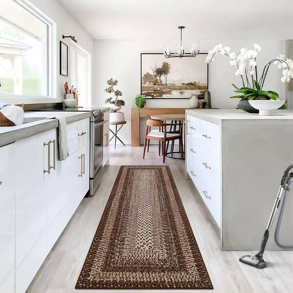 2 ft. x 10 ft. Brown Modern Bordered Washable Rug Non Slip Throw Rugs for Entryway Soft Bedroom Entry Accent Rugs