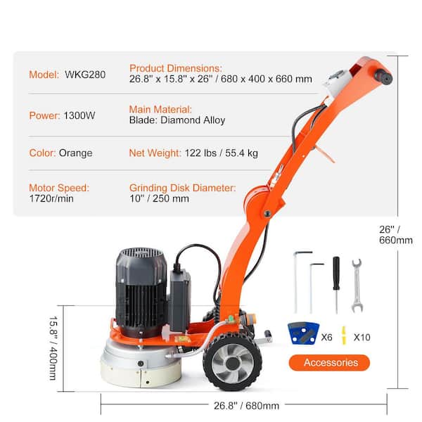 SKYSHALO 10 in. Electric Concrete Floor Grinder, 1. 7HP, 1300W