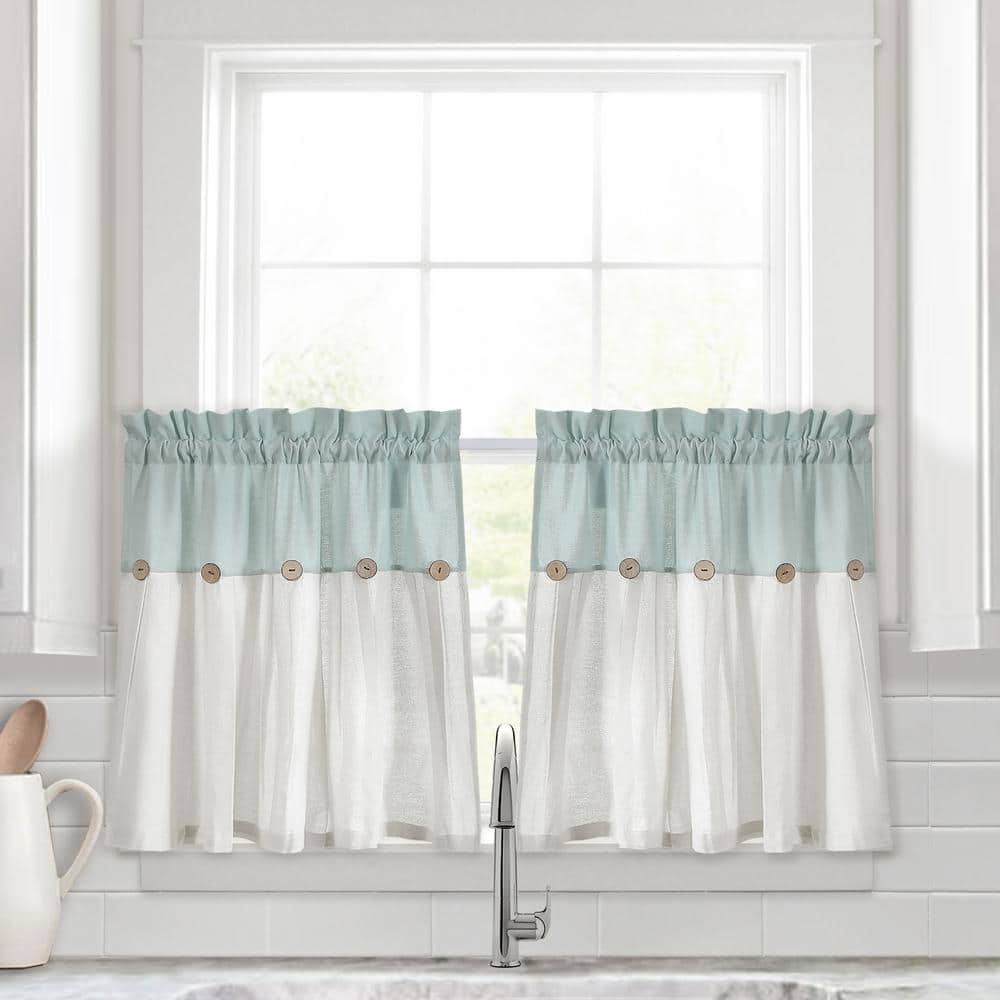 Blue and Off-White Cotton Blend Kitchen Tier Curtains with Rustic Buttons