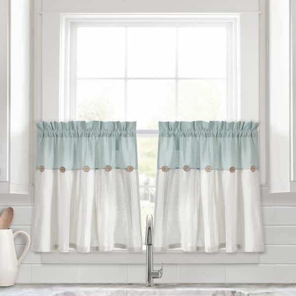 Lush Decor Linen Button Kitchen Tier Window Curtain Panels Blue/White 29X24 Set