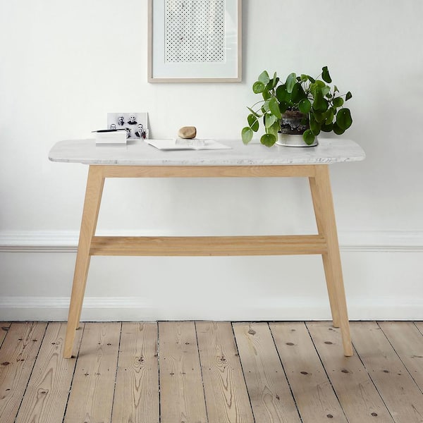 AndMakers Castello 43 in. Oak Standard Rectangle Marble Console Table with Shelf