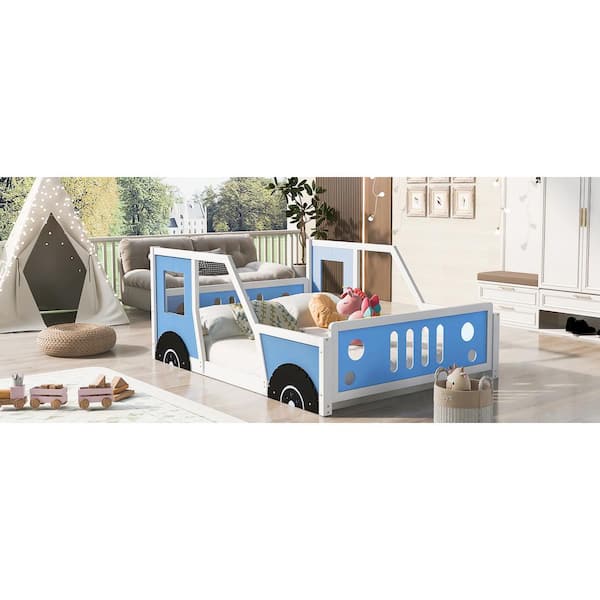 Blue Wood Frame Full Size Classic Car-Shaped Platform Bed with Wheels