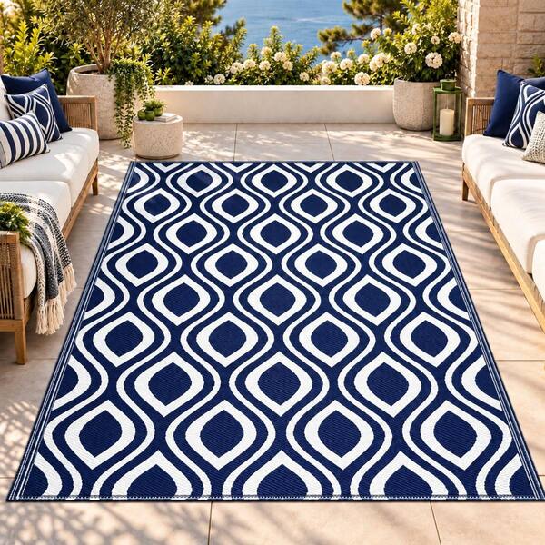 Venice Navy Creme 8 ft. x 10 ft. Reversible Recycled Plastic Indoor/Outdoor Area Rug-Floor Mat