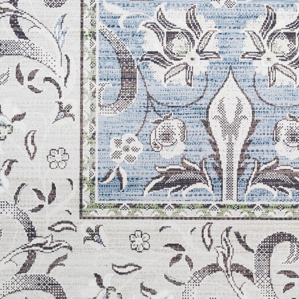 Vintage Blue Floral Flatweave Runner Rug with Non-Skid Backing