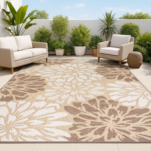 Zinnia Modern Floral Textured Weave Brown/Cream 8 ft. x 10 ft. Indoor/Outdoor Area Rug