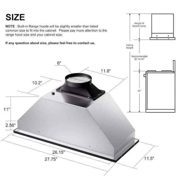 30 in. 900 CFM Convertible Insert Range Hood in Stainless Steel with Charcoal Filter and LED Lights