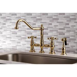 Restoration 2-Handle Bridge Kitchen Faucet with Side Sprayer in Polished Brass