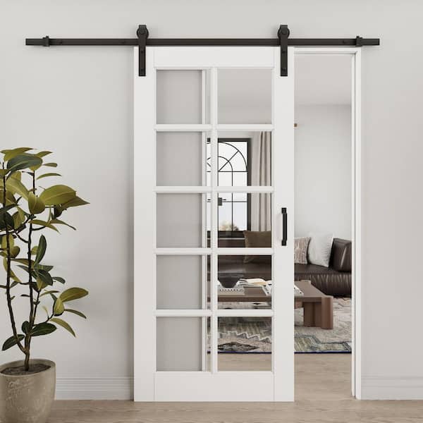 36 in. x 96 in. 10-Lite Tempered Clear Glass White Primed MDF No Assembly Required Sliding Barn Door with Hardware Kit