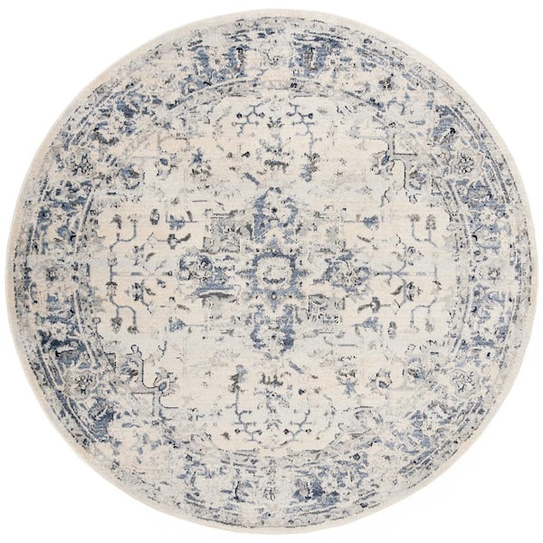 Charleston 12 ft. x 12 ft. Round Ivory/Navy Distressed Border Area Rug
