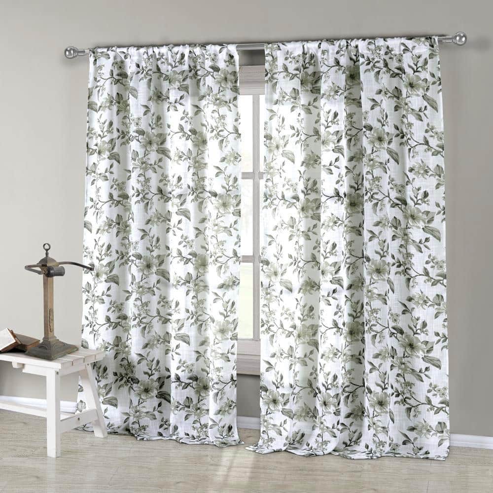 Grey-Olive Floral Rod Pocket Room Darkening Curtain - 54 in. W x 84 in. L (