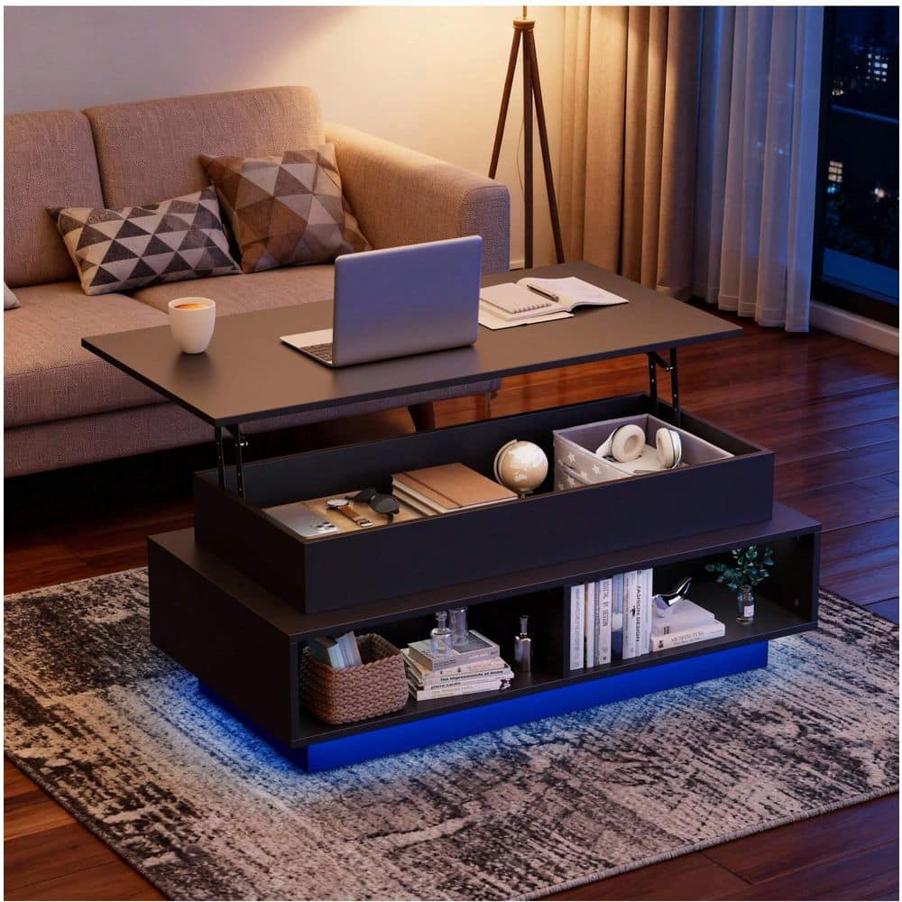 LACOO 40.2 in. Black/White Rectangle Wood Coffee Table, Lift Top