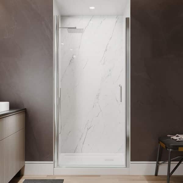 Victoria 36 to 38 in. W x 72 in. H Pivot Swing Frameless Shower Door in Chrome with Clear Glass