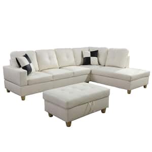 103 in. Square Arm Faux Leather L-Shaped 4-Seater Sofa With Ottoman in White