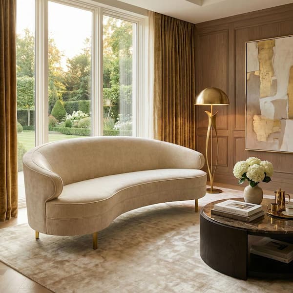 Primrose 89.4 in. Round Arm Fabric Rectangle Sofa in Taupe/Gold