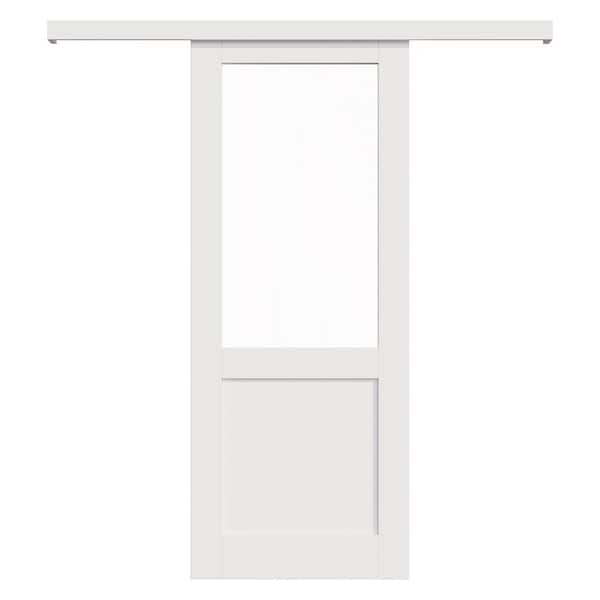 36 in. x 80 in. Hidden Track Style 1/2-Lite Clear Glass White Primed MDF Sliding Barn Door with Hardware Kit
