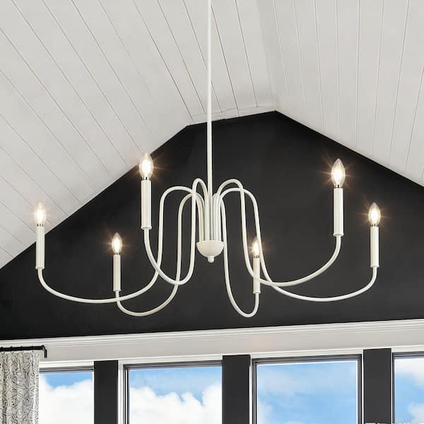 LNC French Country 39.8 in. 6-Light White Candlestick Metal Chandelier with Linear Down Rods for Dining Room Kitchen Island