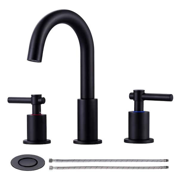 WOWOW 8 in. Widespread Double-Handle High-Arc Bathroom Faucet with Pop-Up Drain 3-Hole Spot Resistant Spout in Black