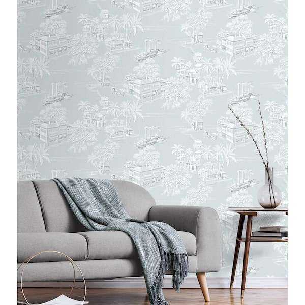 40.5 sq. ft. Blue Mist Coastline Toile Vinyl Peel and Stick Wallpaper Roll