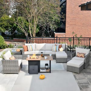 Morag Gray 10-Piece Wicker Outerdoor Patio More Storage Space Fire Pit Sectional Seating Set with Beige Cushions