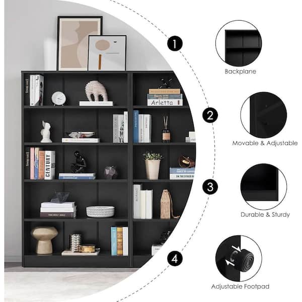 Lirago 60 in. Tall Black Wood 5-Shelf Bookcase FXHD0202-54BS - The