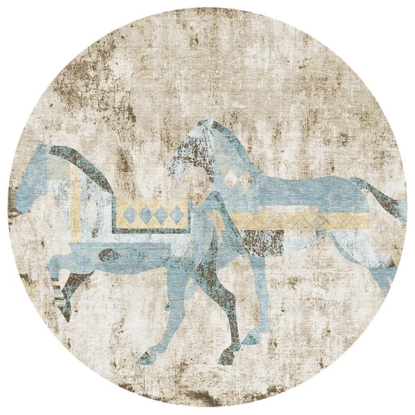 Chantille Machine Washable Indoor/Outdoor Abstract ACN3109 Linen 8 ft. x 8 ft. Round Rug