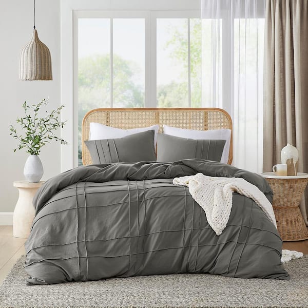 510 Design Porter 3-Piece Grey Queen Soft Microfiber Washed Pleated Duvet Cover Set