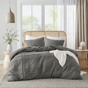 Porter 3-Piece Grey Queen Soft Microfiber Washed Pleated Duvet Cover Set