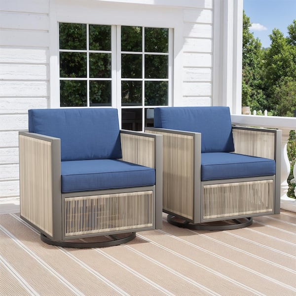 Square Tube Series 2-Pack Gray Wicker Outdoor Patio Glider with Cushion Guard Blue Cushions