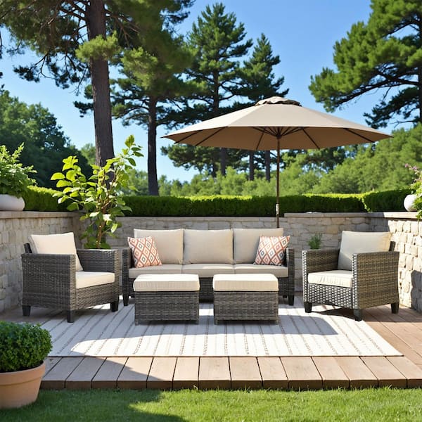 OVIOS New Vultros Gray 5-Piece Wicker Outdoor Patio Conversation Seating Set with Beige Cushions