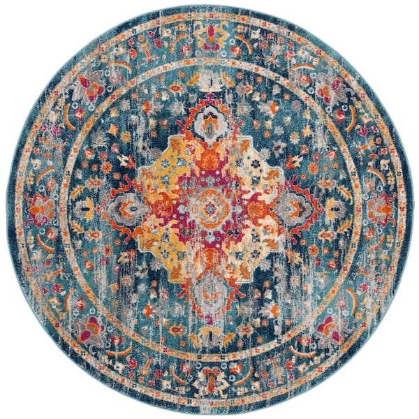 SAFAVIEH Madison Teal/Fuchsia 7 ft. x 7 ft. Round Border Area Rug