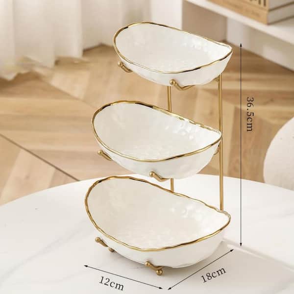 3-Tier Fruit Bowl with Gold Metal Stand for Kitchen Counter, Tiered Fruit Basket Snacks Bread Candy Storage, White