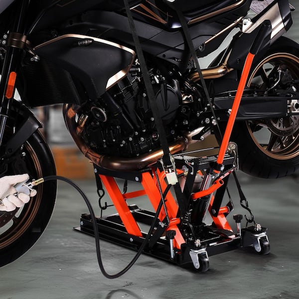 Motorcycle Lift, 1500 lbs Capacity, Hydraulic & Pneumatic Jack, 4.1-15 in Height, Heavy Duty Stand with Ramp & 2 Casters