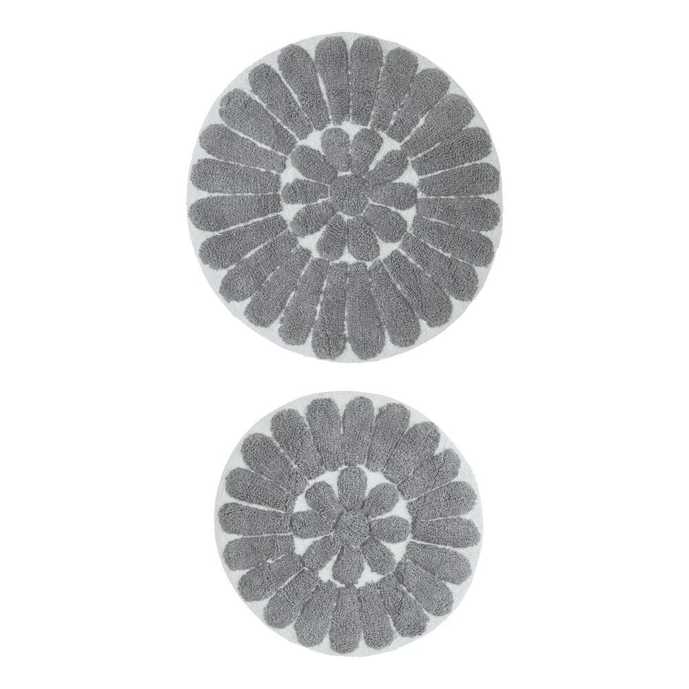 White and Pewter Cotton Floral Round Bath Rug Set