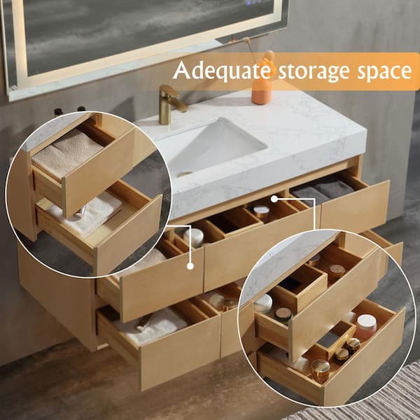 48 in. W X 20.8 in. D X 21.2 in. H Floating Bathroom Vanity in Natural wood solid/White Marble Countertop and Lights