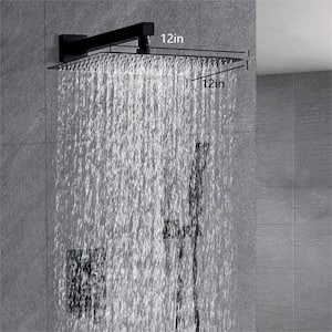 SHOW 12 in. Single-Handle 2-Spray Round Rain Black Shower Faucet with Waterfall Spout & Dual Shower Heads in Matte Black