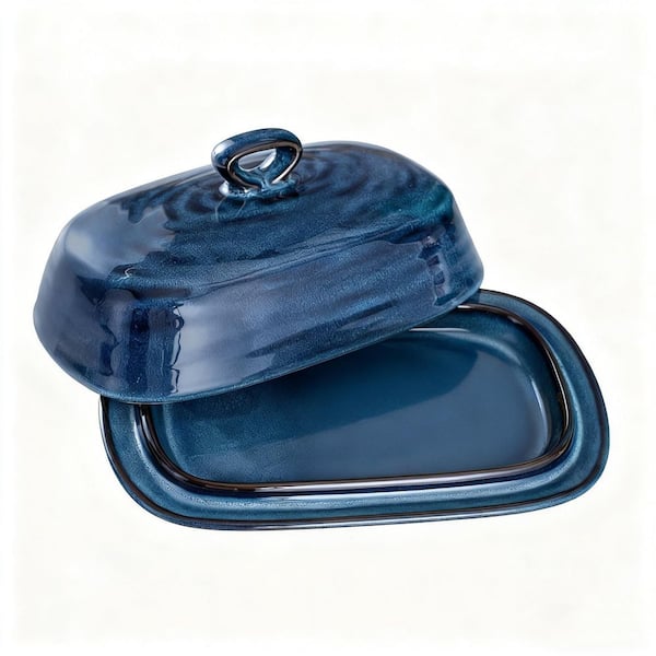 4 oz. Blue Porcelain Butter Dish with Lid, Covered Butter Container with Handle Design for Countertop