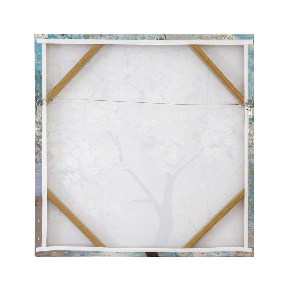 White Blossom Tree Painting on Canvas with Teal and Tan Accents
