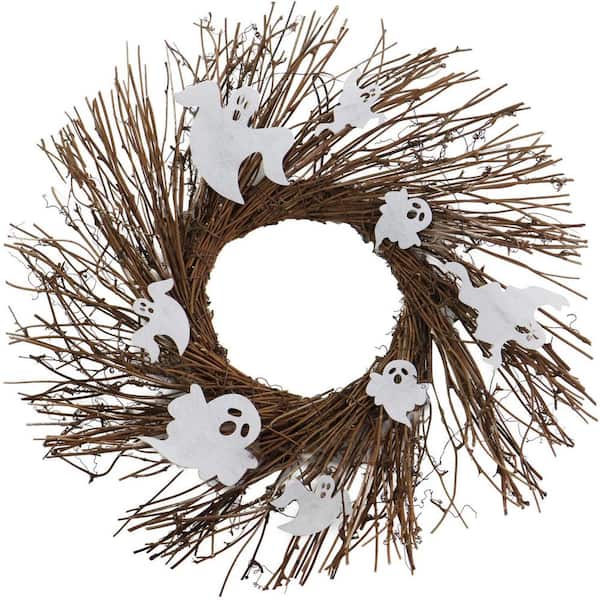 20 in. Battery-Operated Natural Twig Halloween Wreath with LED Lights and Spooky Ghosts