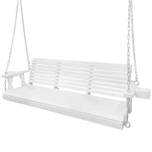 5 ft. Outdoor Porch Wood Patio Swing with Cup Holders, Adjustable Hanging Chains and Spring Hooks, White