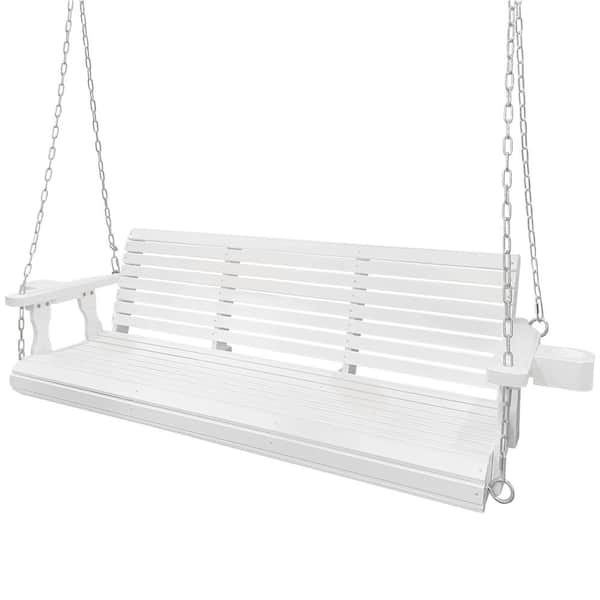 Innovaze 5 ft. Outdoor Porch Wood Patio Swing with Cup Holders, Adjustable Hanging Chains and Spring Hooks, White