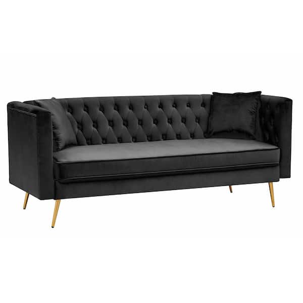 ATHMILE 77.2 in. Square Arm Velvet Modern Straight 3-Seater Sofa with Golden Metal Legs in Black