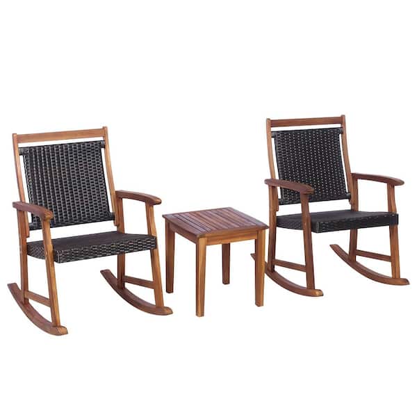 HONEY JOY 3 -Pieces Wicker Patio Bistro Set Outdoor Rocking Chairs and Table Set Rustic Brown