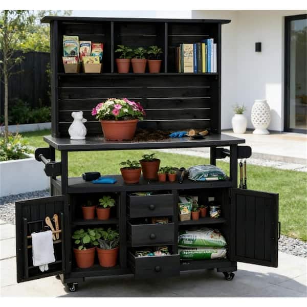 LuckByte 47.2 in. W x 65 in. H Black Garden Potting Bench Table