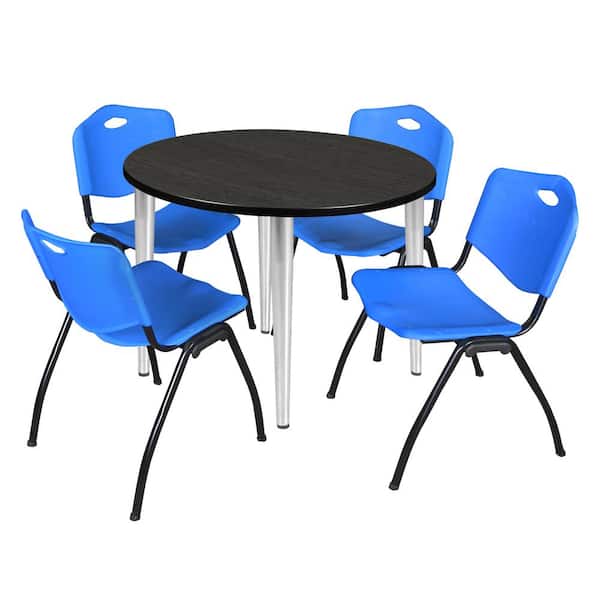 Regency Trueno 36 in. Round Ash Grey and Chrome Wood Breakroom Table and 4-Blue 'M' Stack Chairs (Seats 4)