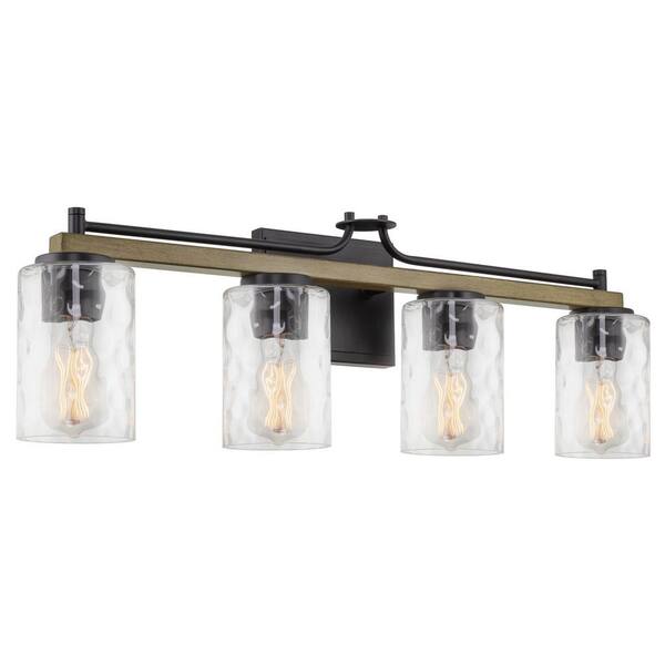 Kira Home Ashton 28 in. 4-Lights Black with Smoked Birch Wood Style Farmhouse Bathroom Vanity Light