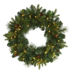 24 in. Pre-Lit Mixed Pine Artificial Christmas Wreath with 35 Clear LED Lights and Pinecones
