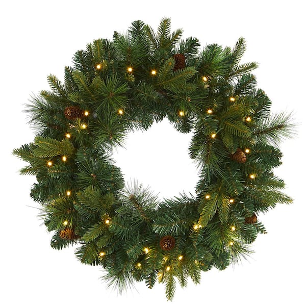 Nearly Natural 24 in. Pre-Lit Mixed Pine Artificial Christmas Wreath with 35 Clear LED Lights and Pinecones