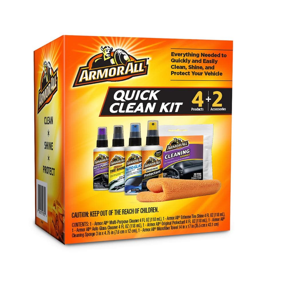 Armor All Complete Car Care and Detailing Kit w/ Tire Shine,Glass Cleaner,Interior Protectant,Multi-Purpose Cleaner, Sponge, Cloth